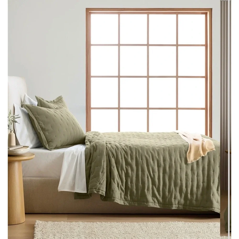 Quince European Linen Dream Quilt Twin Willowleaf Green Hand Stitched NWOT